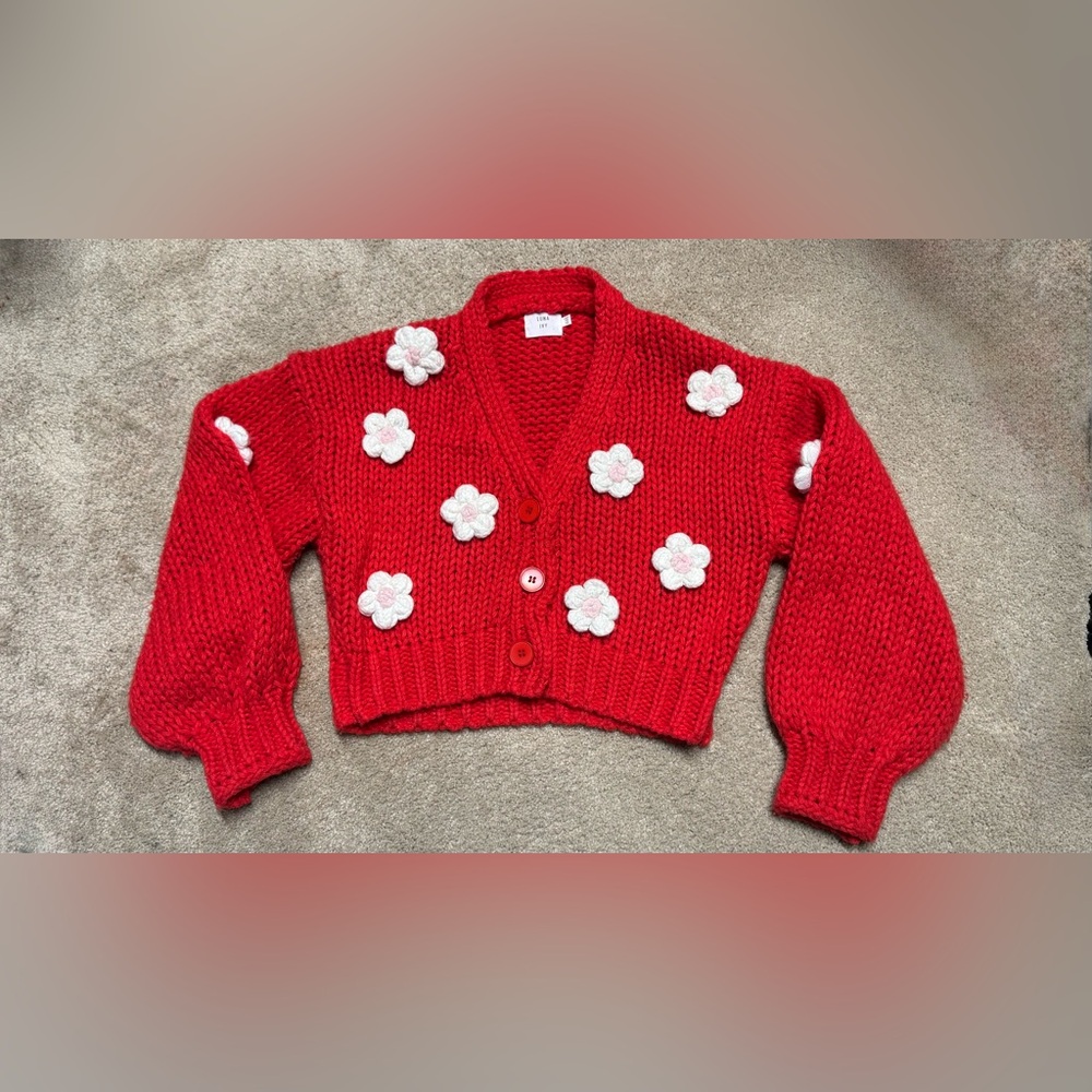 Luna Ivy Red and White Floral Cardigan Sweater Size XS